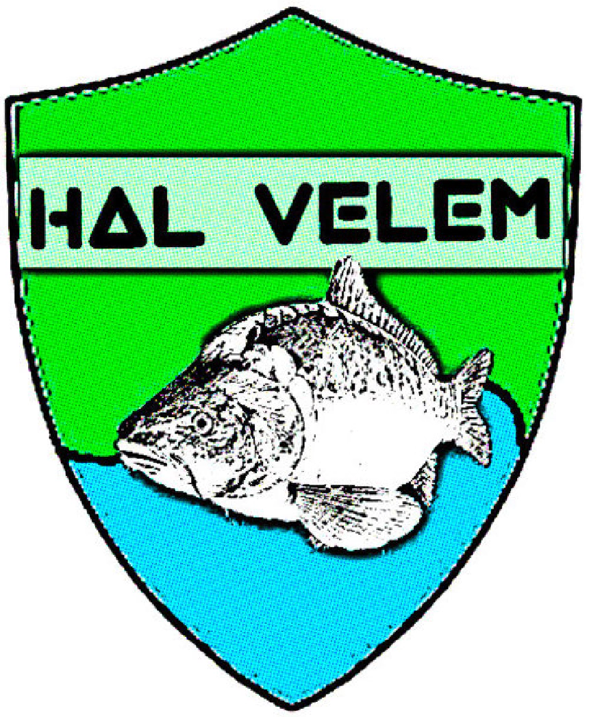 "Hal Velem" horgászblog logója, pajzs alakú emblémán ponttyal